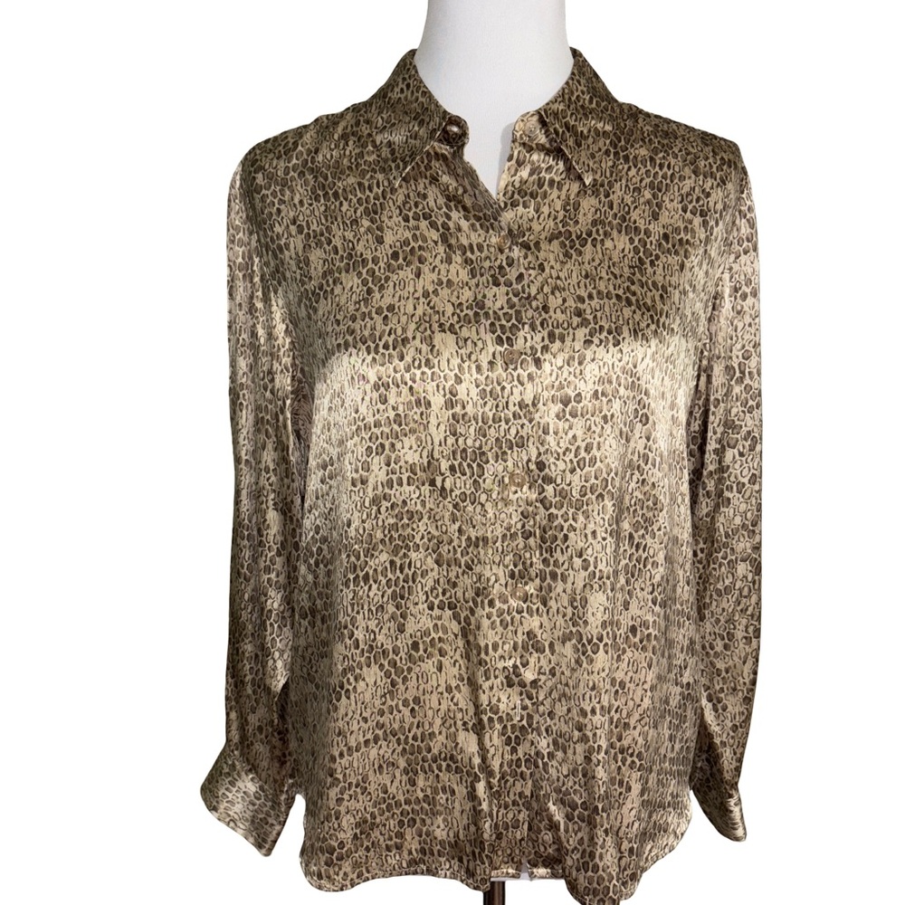 Style & Co Silk Animal Print Button Down Shirt Brown